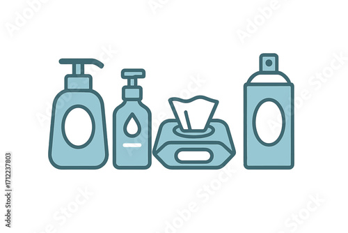 Collection of personal hygiene and cleaning products including hand sanitizer, soap, wet wipes, and spray