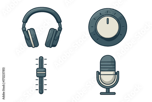 Professional audio equipment with headphones, studio microphone, rotary volume knob, and sound equalizer fader