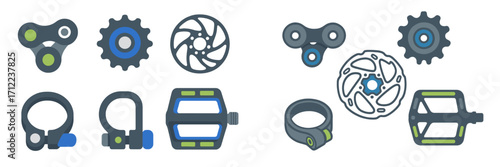 Assortment of essential bicycle components including chain links, gears, disc brakes, pedals, and seat clamps