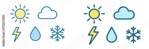 Modern minimalist weather forecast icons depicting sun cloud lightning rain and snowflake elements for digital design