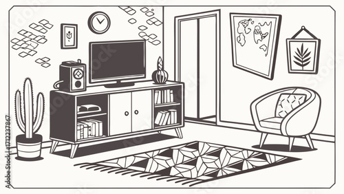 Living Room Interior Design Mid Century Modern Furniture Home Decor Geometric Patterns Comfortable Armchair Cactus Plant Bookcase Illustration.