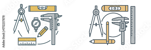 Collection of essential precision engineering and architectural drafting instruments arranged for accurate design, measurement, and technical drawing