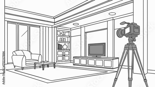 Living Room Interior Sketch with Video Camera on Tripod Setup for Film or Broadcast Production.