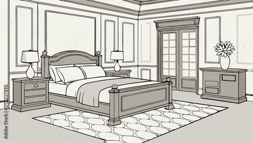 Master Bedroom Interior Design Sketch Elegant Furniture Classic Decor Room Plan Home Decor Illustration.