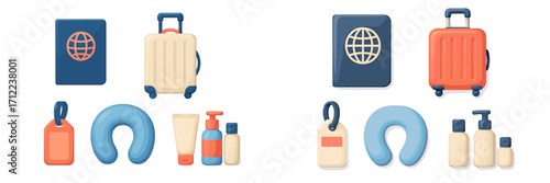 Travel essentials set with passport, suitcase, neck pillow, luggage tag, and toiletries for vacation journey