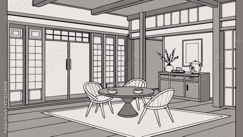 Minimalist Asian-inspired Interior Design Dining Room Illustration Simple Line Art Modern Home Decor Tea Room Sketch.