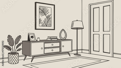 Mid-century modern interior design illustration home decor living room sketch simple line art cabinet floor lamp plant artwork neutral colors minimalist style stylish room home design.