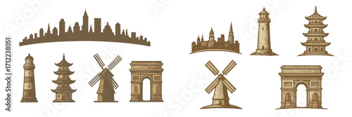 Vintage style collection of famous world landmarks and city skylines featuring iconic global architectural monuments and historic travel destinations