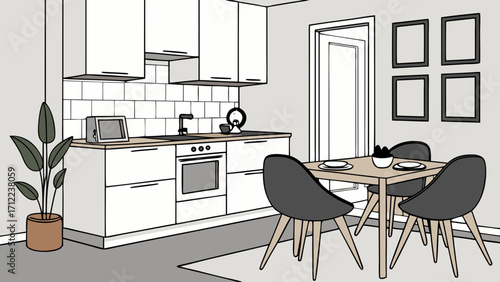 Modern Kitchen and Dining Area Interior Design Illustration.