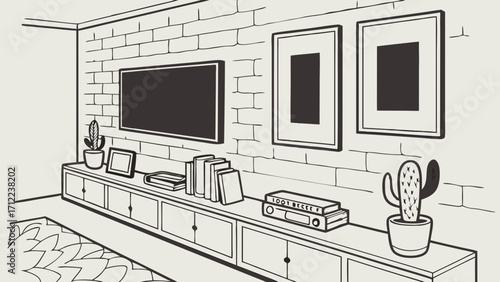 Modern living room interior design sketch brick wall TV cabinet plants frames minimalist style illustration.