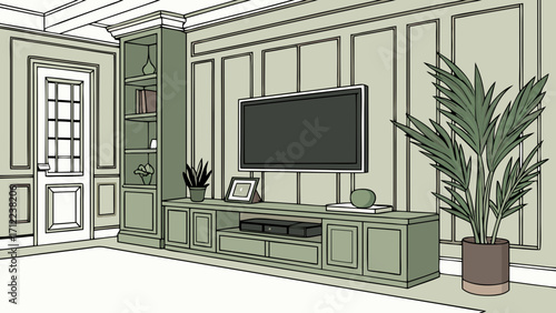 Modern Living Room Interior Design with Flat Screen TV and Built-in Cabinetry.