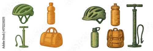 Essential cycling and outdoor adventure gear collection including helmets, water bottles, and various bags