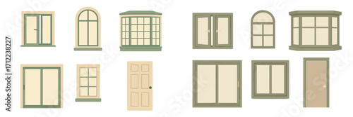 Architectural elements set with various window and door designs for building construction and home renovation projects