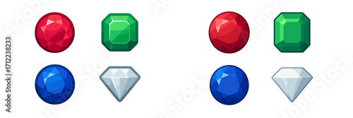 Colorful collection of red, green, blue, and white faceted and cabochon cut gemstones arranged on a clean white background