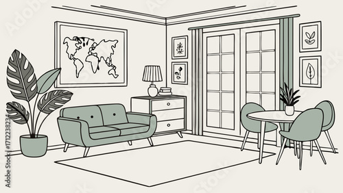 Modern Living Room Interior Design Sketch Cozy Apartment Home Decor Illustration Minimalist Style Green Sofa Plants Table and Chairs.