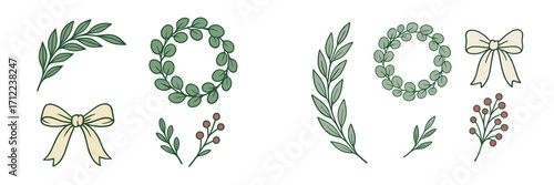 Elegant botanical leaves, decorative bows, berry branches, and eucalyptus wreaths for various designs