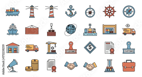 Maritime Shipping and Logistics Icons Set.