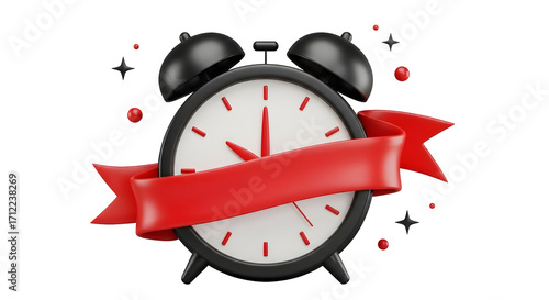 3d Rendered Alarm Clock with Red Ribbon on Black