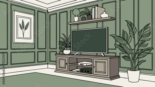 Modern living room interior design with TV and plants.