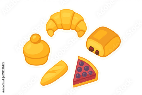 Assortment of fresh baked goods and pastries including croissant, pain au chocolat, baguette, brioche, and fruit tart slice