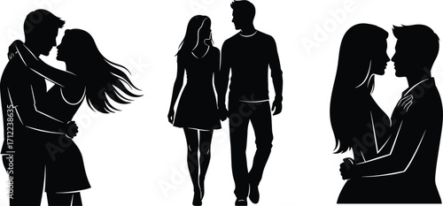 "Romantic couple silhouette vector illustration showing love, intimacy, and relationship moments in various poses for Valentine, wedding, and lifestyle design"