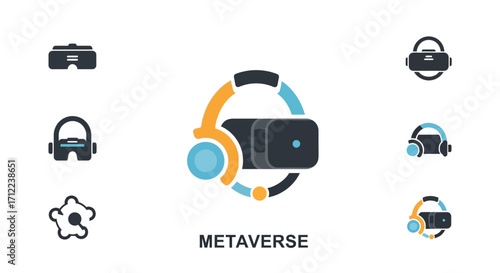 Metaverse virtual reality technology icon set with VR headsets.