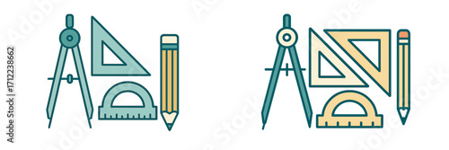 Essential drafting and geometry tools featuring a compass, protractor, set square, and pencil for design and education