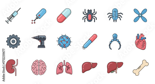 Medical science illustration, various medical tools and organs.