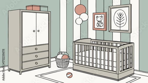 Nursery Room Interior Design Baby Crib Wardrobe and Decor Illustration.
