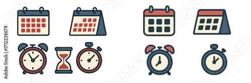 Collection of time and schedule icons including calendars, alarm clocks, hourglass, and stopwatches