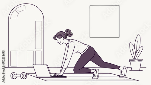 Online Fitness Workout Woman Exercising at Home with Laptop Home Gym Illustration Fitness Routine Healthy Lifestyle Online Training Virtual Workout Home Exercise Digital Fitness Sport at.