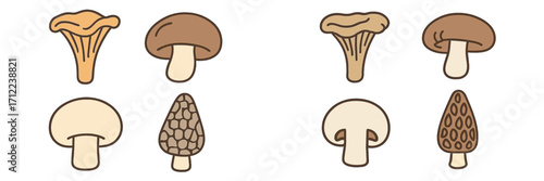 Various types of edible mushrooms including chanterelle, button, and morel fungi icons set on a white background
