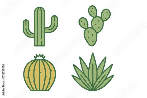 Collection of desert plants including saguaro, prickly pear, barrel cactus, and agave in a stylized graphic design