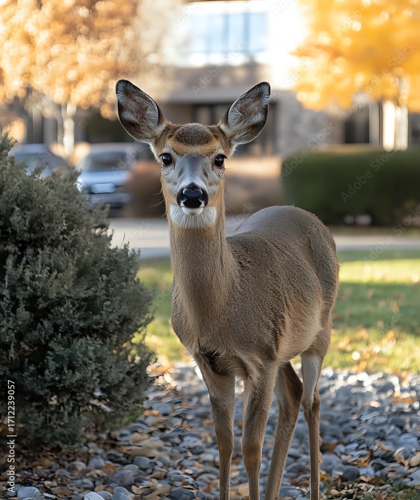 Fototapeta premium Young doe standing alert in suburban neighborhood during autumn, with golden fall foliage and landscaping in background. Wildlife in residential area.