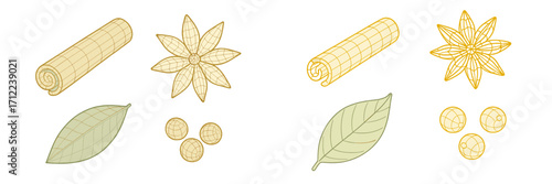 Essential cooking spices and flavorful ingredients including rolled cinnamon sticks, star anise, bay leaves, and peppercorns