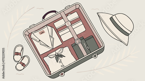 Packed Suitcase Travel Essentials Vacation Packing Summer Holiday Illustration.