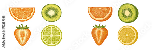 Vibrant collection of sliced citrus and berry fruits featuring orange, kiwi, strawberry, lime, and lemon