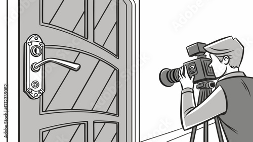 Photographer taking pictures of a door illustration graphic design vector art.