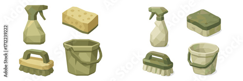 Various household cleaning equipment including spray bottles, sponges, buckets, and scrubbing brushes for domestic chores