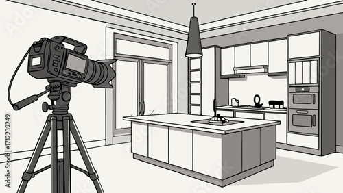 Professional Camera on Tripod in Modern Kitchen Setting.