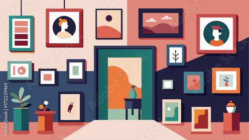 A gallery wall filled with an assortment of framed art including photographs paintings and prints.