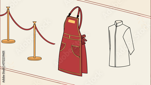 Restaurant uniform illustration apron chef jacket rope barrier design menu template food service hospitality industry vector graphic kitchen attire cooking apparel culinary uniform wai.