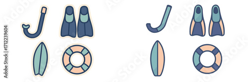 Summer vacation beach and water sports equipment set with snorkel, fins, surfboard, and lifebuoy for ocean activities