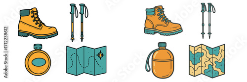 Collection of outdoor adventure equipment including hiking boots, trekking poles, water bottles, and navigation maps