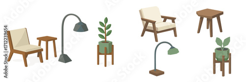 Contemporary isometric home furniture and decor collection featuring chairs tables lamps and potted plants