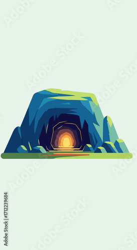 Mysterious cave entrance with glowing light beckons exploration and adventure.