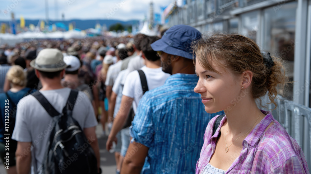 Fototapeta premium A woman stands calmly in a crowded festival atmosphere, highlighting the contrast between individual serenity and communal excitement in a vibrant outdoor setting.