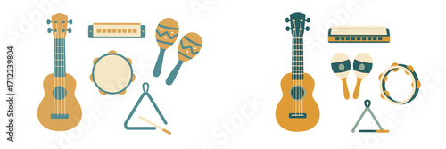 Diverse collection of musical instruments featuring a ukulele, harmonica, maracas, tambourine, and triangle