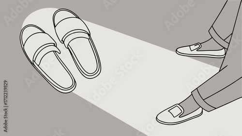 Shoes footwear slippers sandals loafers change shoes home indoor feet legs fashion style design illustration graphic minimal simple abstract monochrome grey black and white l.