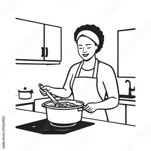 Black and White Vector Illustration of a Smiling Woman Cooking in Kitchen with Apron and Headband